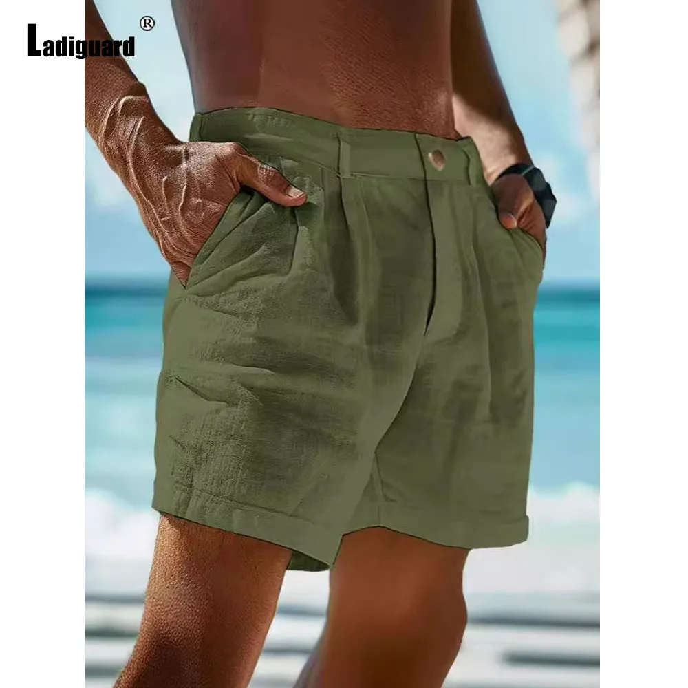 Men\'s Stand Pocket Shorts 2024 American and European Style Men Casual Linen Short Pants Solid White Black Soft Beach Shorts New