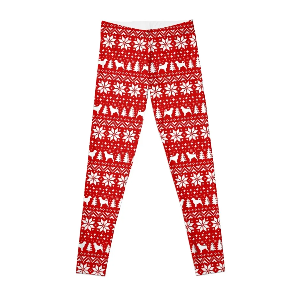 Portuguese Water Dog Silhouettes Red and White Christmas Holiday Pattern Leggings Women's high waist Womens Leggings