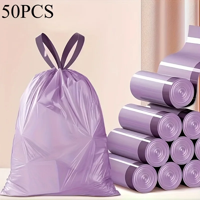 50 Purple Drawstring Trash Bags, High-Quality Plastic Waste Bags Suitable for Kitchen, Bathroom, Bedroom, Living Room