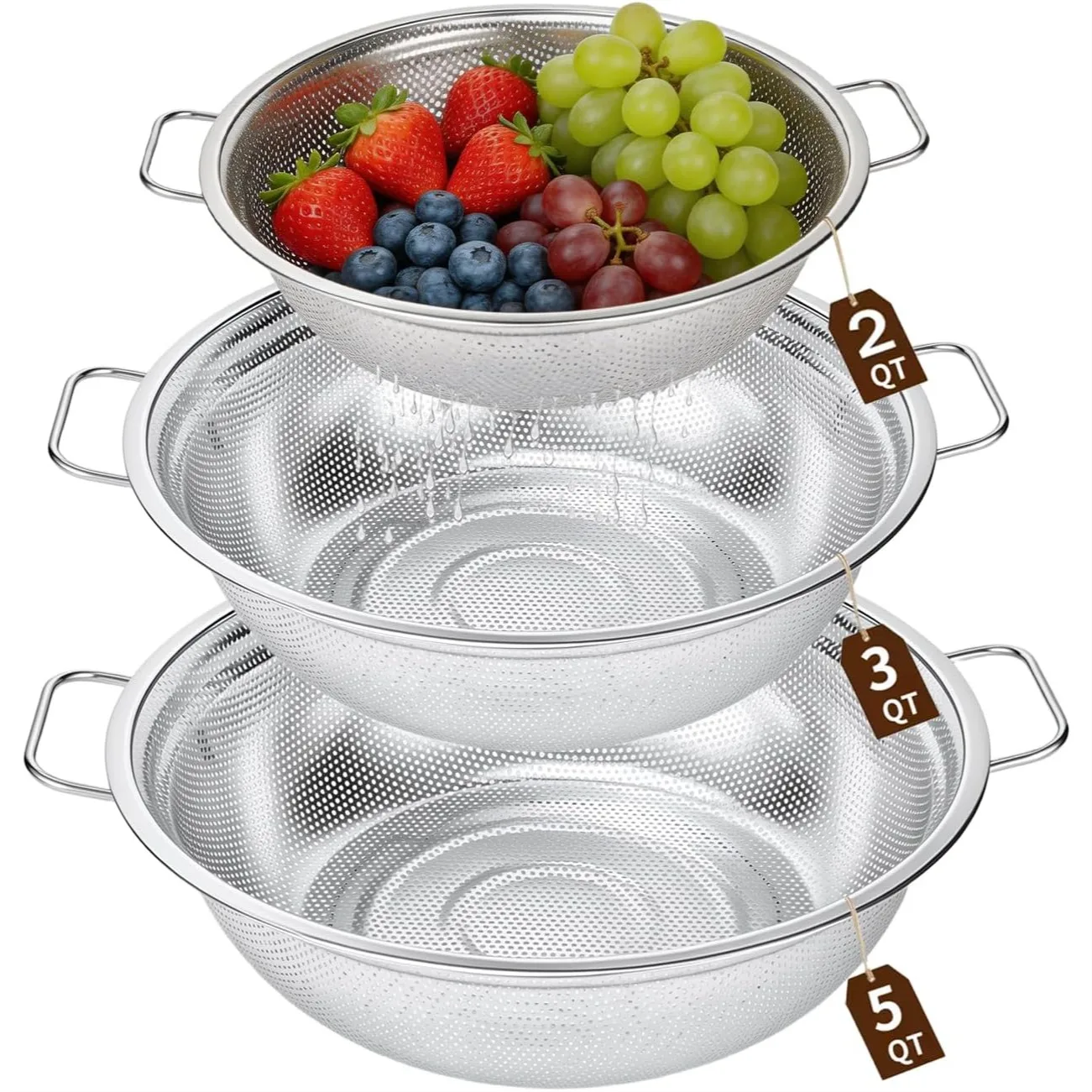 Stainless Steel Colander Set of 3 Micro-Perforated Strainer