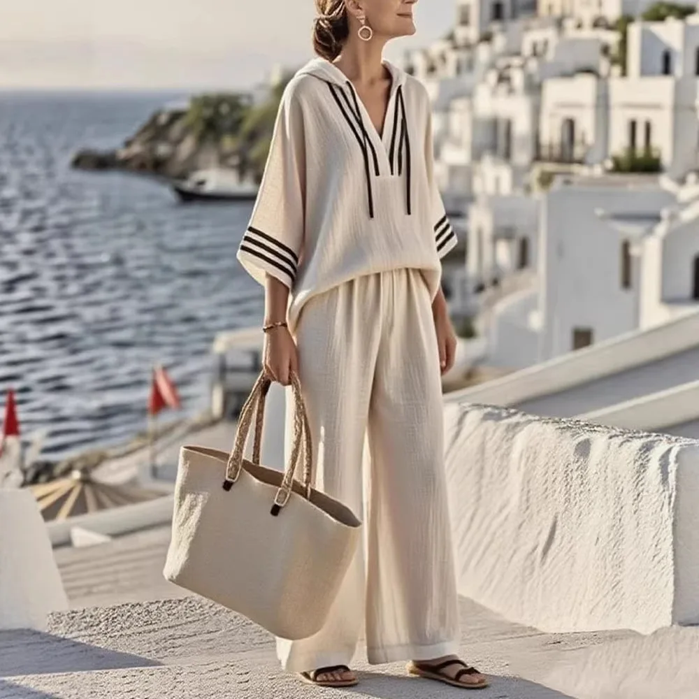 

New 2026 Spring Women Loose Three-quarter Sleeve Striped Hooded T-shirt Tops + Pants Female Casual Two-piece Clothing Sets