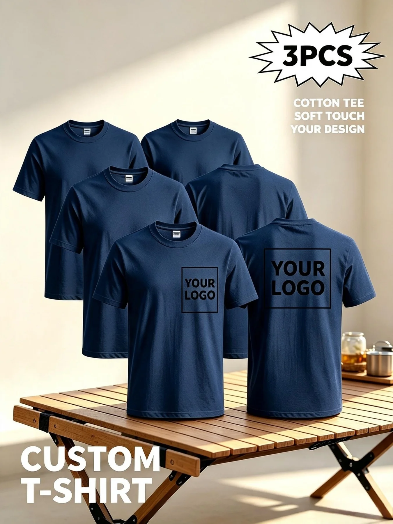 3-piece custom short-sleeve T-shirt set, available in multiple colors with customizable print options. Perfect for office wear