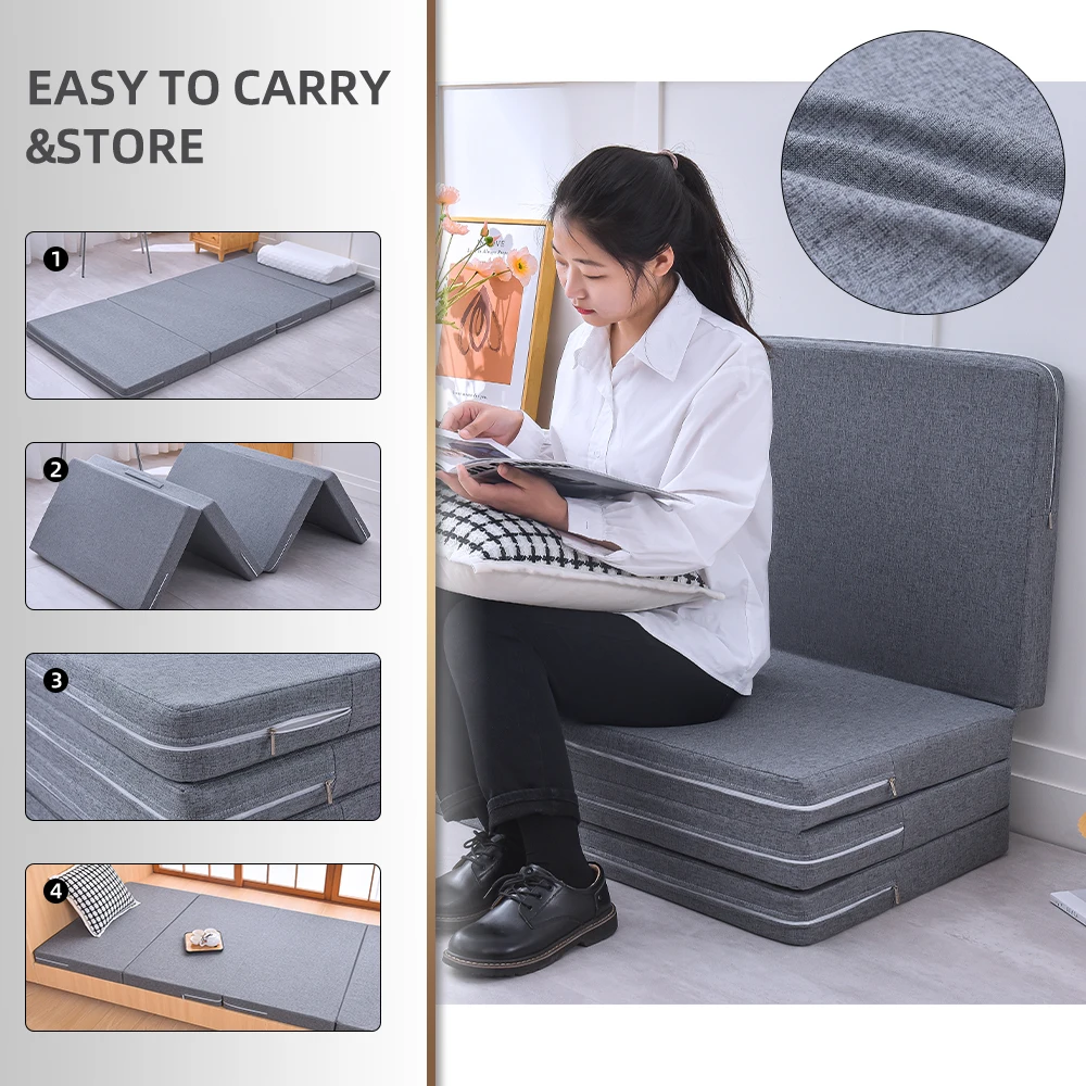 4-Fold Memory Foam Mattress, 3 inch Single Folding Mattress with Collapsible and Washable Cover, Travel and Guest Mat, Grey - view 6