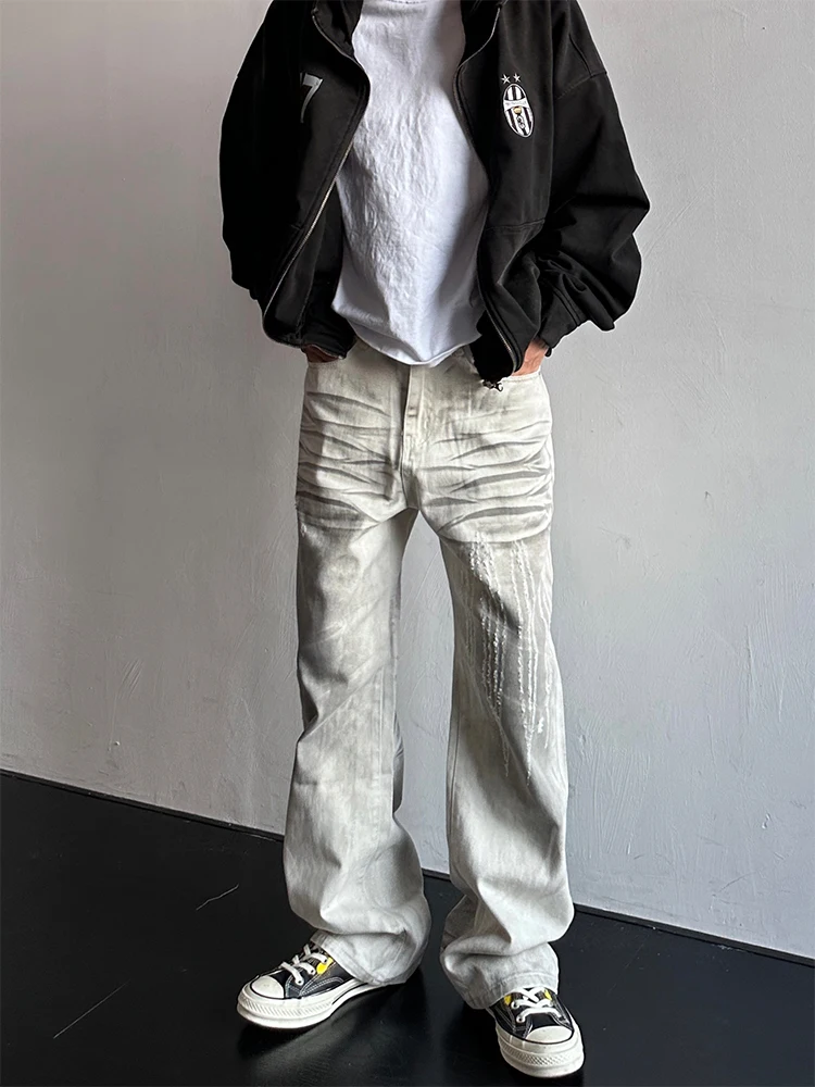 

Ретро-джинсы унисекс с 3D-принтом «Коготь дракона», белые, с эффектом потертости, прямые, для мужчин и женщин