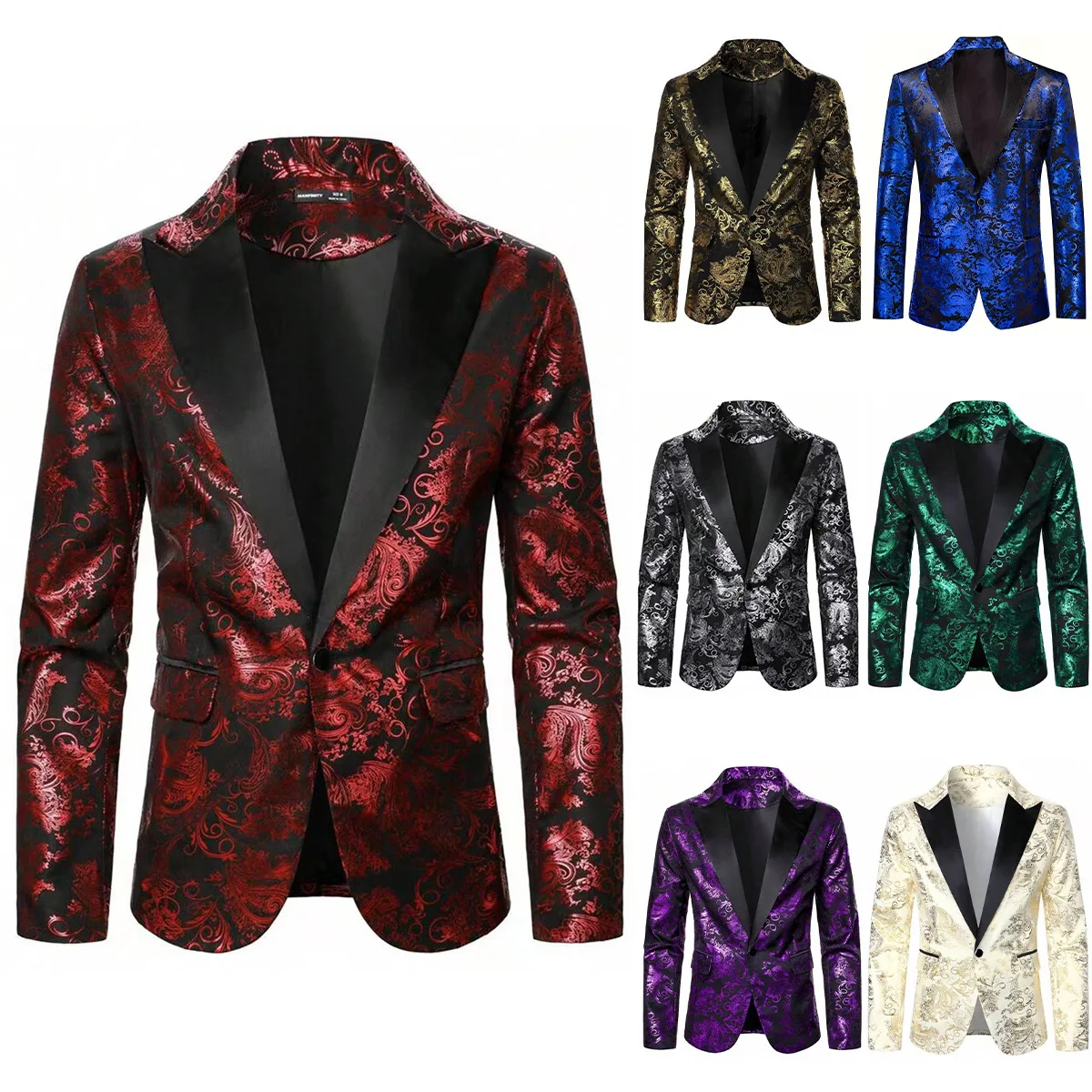 

Burgundy Men's Long-sleeved Suit Jacket, Purple Printed Black Collar Single-button Coat, Wedding/Party/Stage Performance Blazers