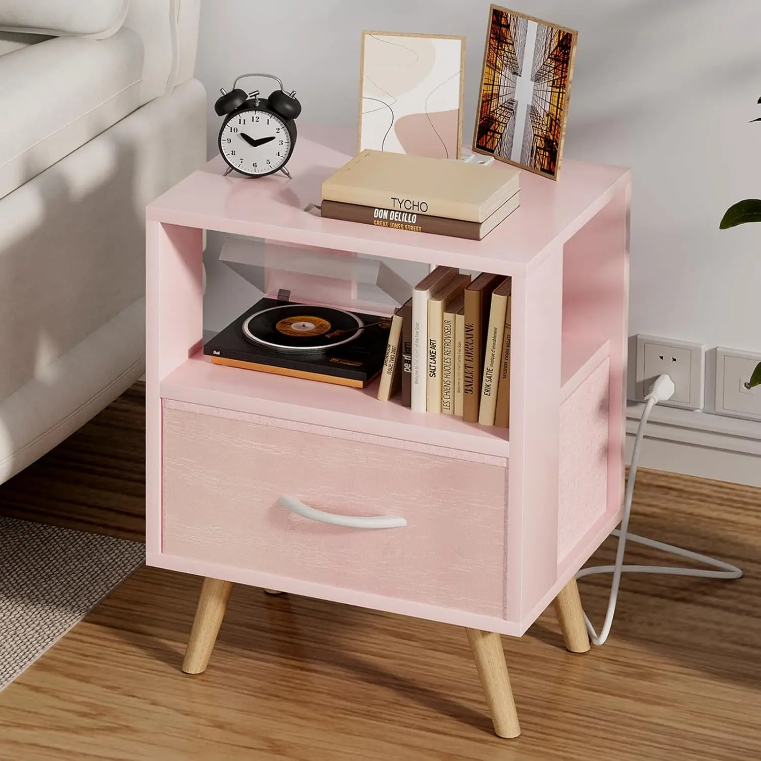 

Pink Kids Nightstand with Drawer and Charging Station, 2-Tier Bedside Table with USB Ports & Outlets for Small Bedroom or
