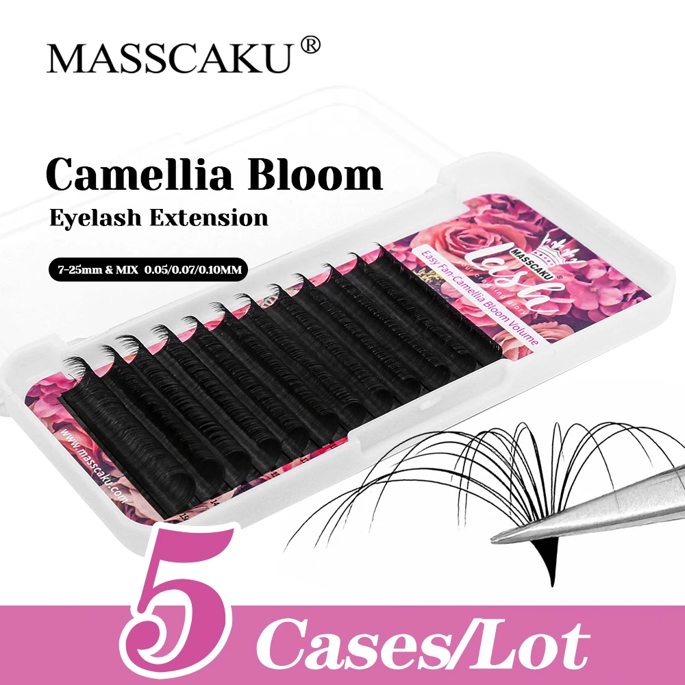 12 Lines MASSCAKU 5cases/lot Premium Faux Mink Material Fast Blooming Lashes Ribbon Matte Dark Black Makeup Eyelash Easy to Grip