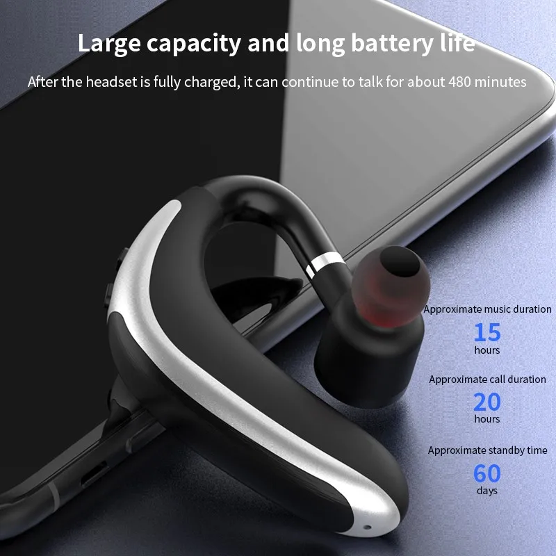 

Single Ear Bluetooth 5.0 Headset With Mic Car Business Wireless Headphone Ear Hook In-Ear Earbuds Nosie Reduction Clear Call