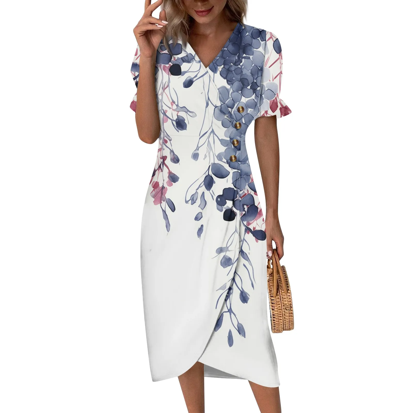 Abiti da spiaggia per le donne Primavera Estate Elegante avvolgente con scollo a V Abito Boho Flowy increspato Abito maxi hawaiano Abiti da laurea