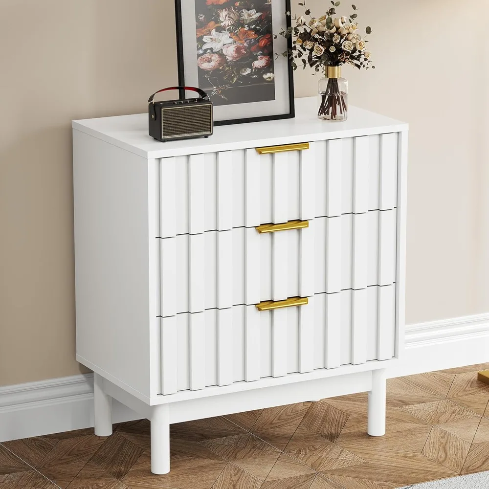 

3 Drawer Nightstand, Modern Fluted Chest of Drawers, Wooden Storage Night Stand Side Table with Chic Edge Pull, Perfect for Bed