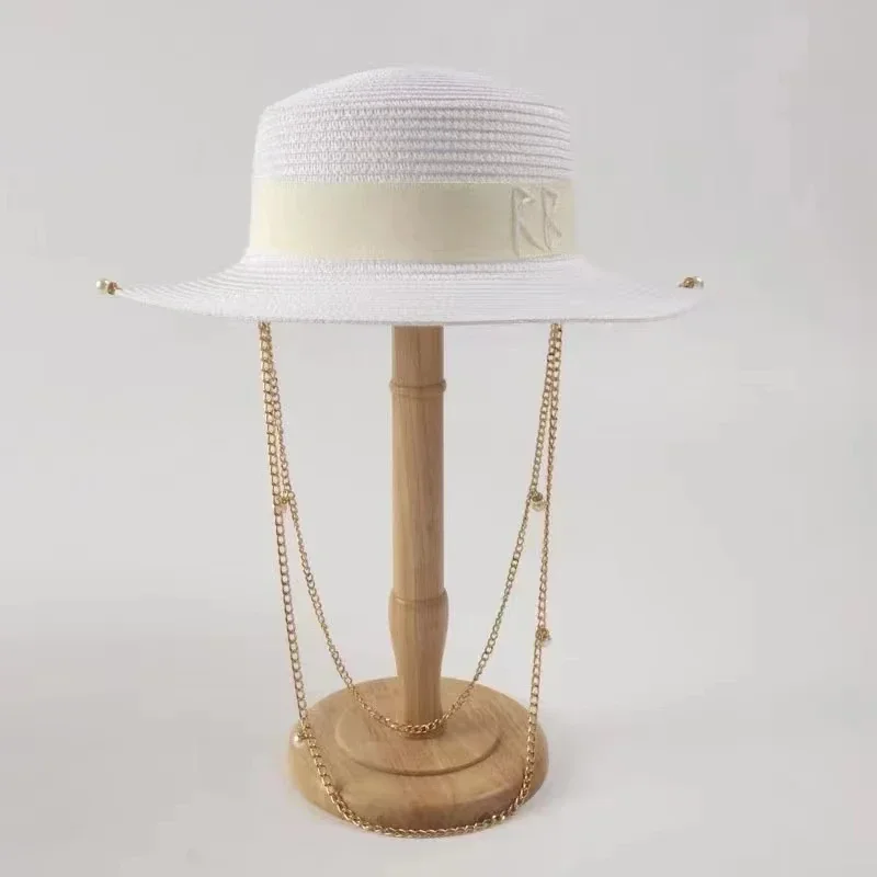Hot selling items summer new arrival Double Chain Strap Fedora Hat straw hat for women Sunscreen beach sun hat
