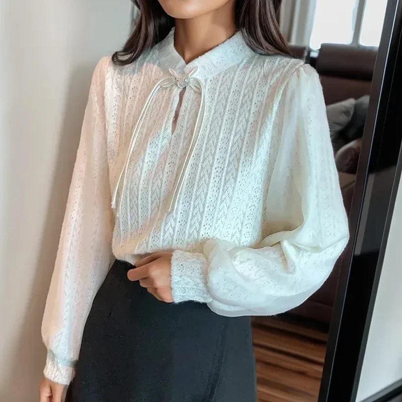 

Fashion Apricot Woman Office Lady Lace Shirts New Elegant Long Sleeve Lace Up Blouse Women Bottoming Tops Female Clothes 29750