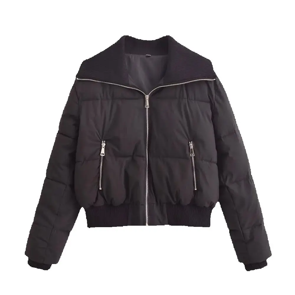 

women's loose fitting top with collar long sleeved zipper pocket ribbed decoration autumn and winter new fashionable co