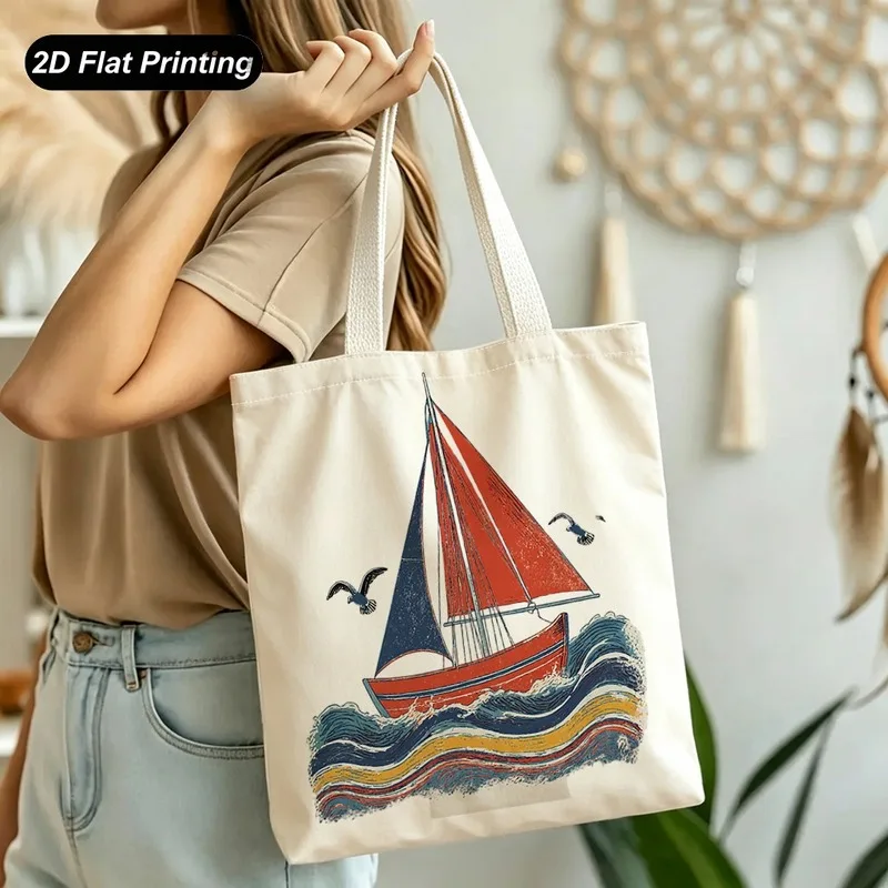1PC【Tote Bag】Large capacity，Size15.7in*13.8in，Printed Design - Not Textured，Sea waves, boat, seagull pattern，Suitable