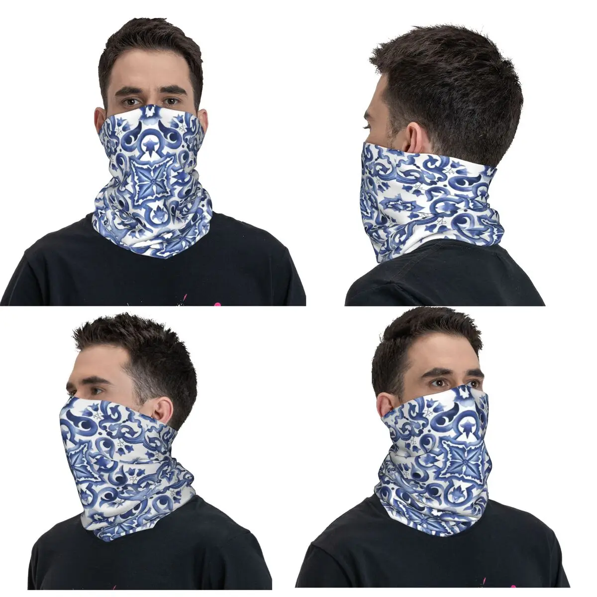 Blue Ornate Floral Mediterranean Sicilian Tile Bandana Neck Gaiter Printed Wrap Mask Scarf Headband Hiking Fishing Unisex Adult