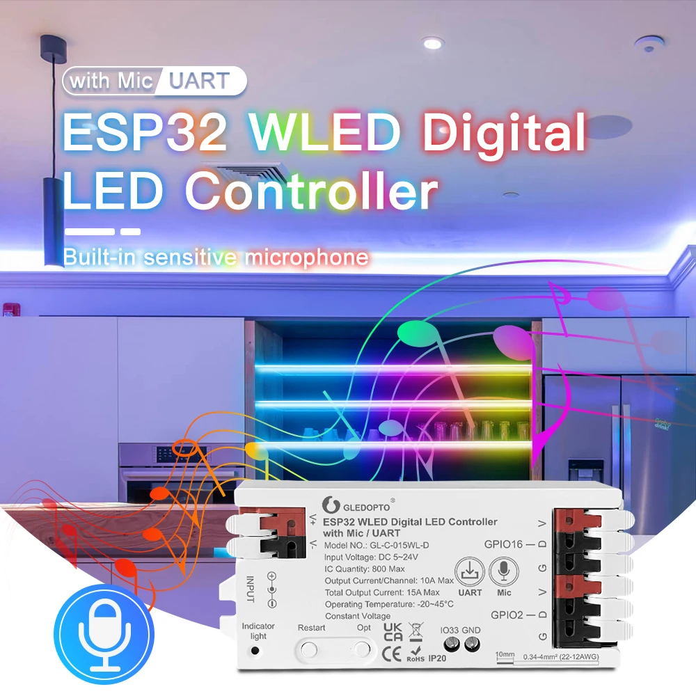 ESP32 WLED LED Controller Mic UART Download Music Sound Dynamic RGB DIY WiFi WS2811 WS2812 SK6812 TM1814 WS2813 WS2815