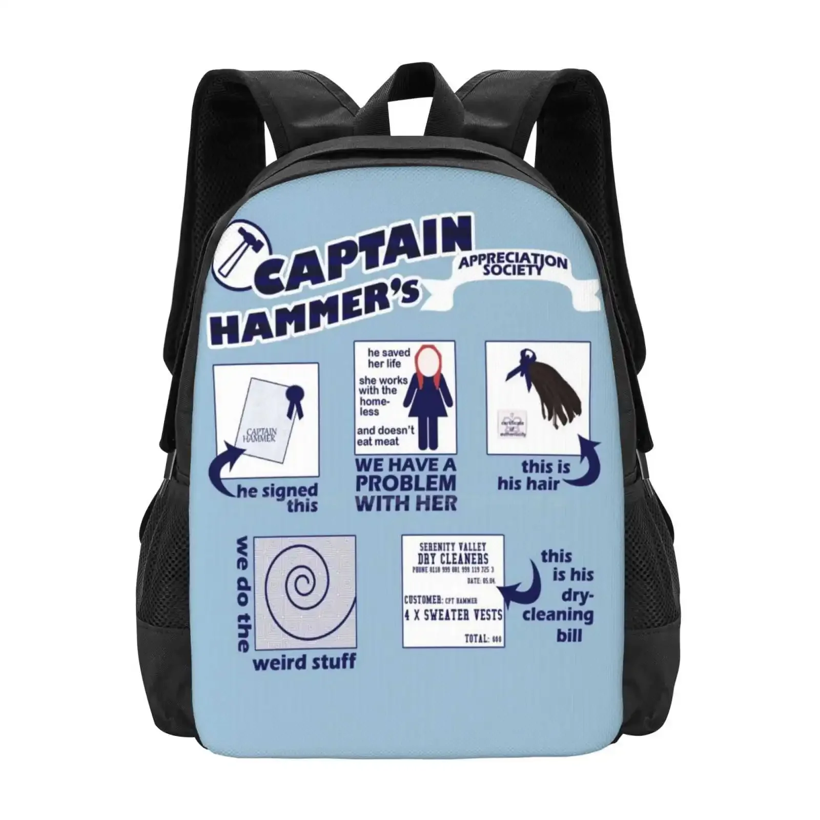 

Captain Hammer's Appreciation Society Fashion Pattern Design Travel Laptop School Backpack Bag Doctor Dr Sing Along Blog