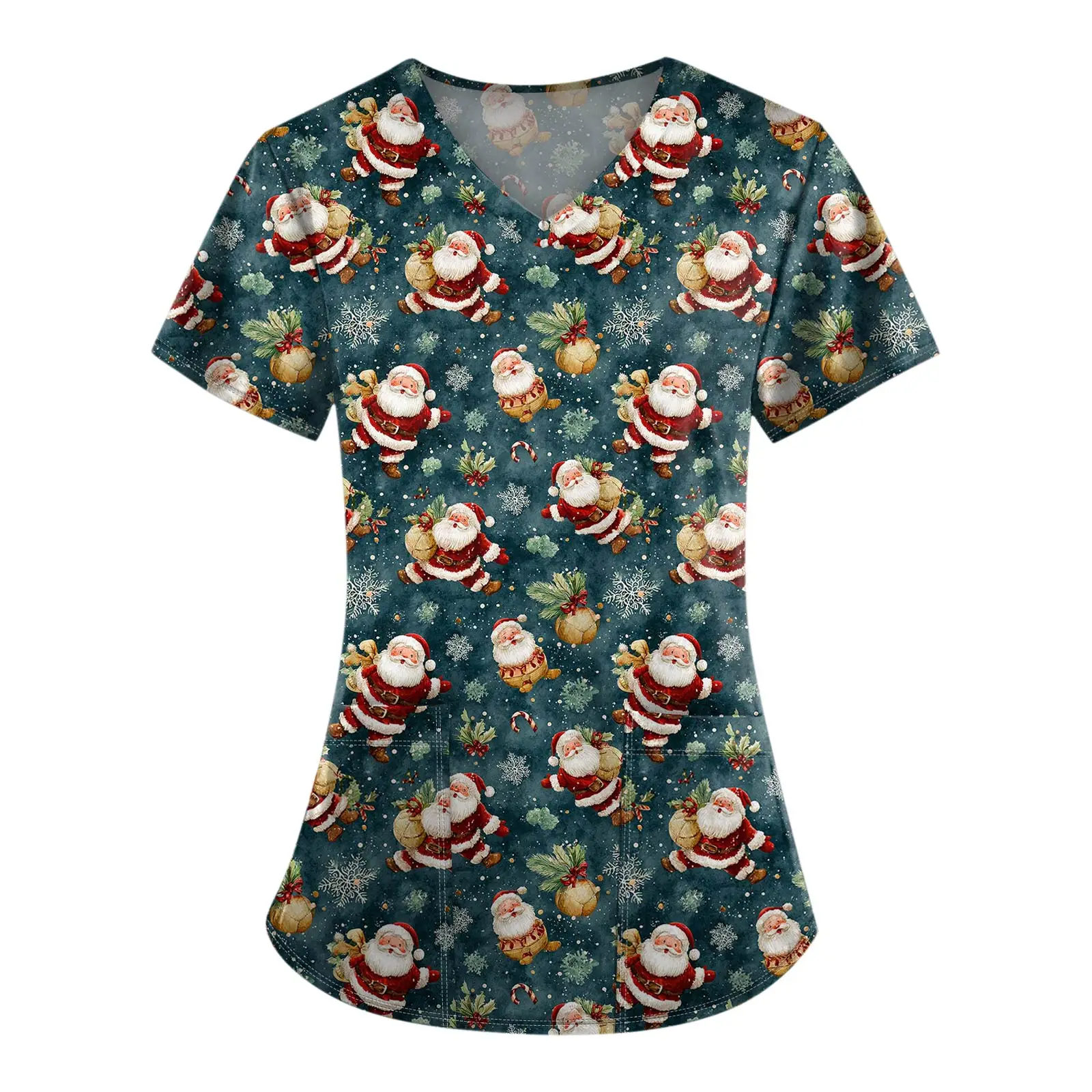 Chemisier de travail ample pour femmes, imprimé de noël, extensible, col en v, manches courtes, hauts médicaux avec poches, accessoire d'hôpital