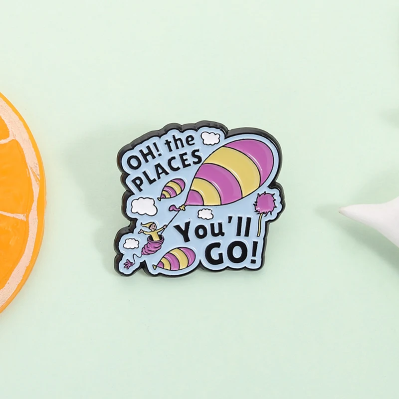 Oh the Places You'll Go Enamel Pin Dr. Suess Day Cat in the Hat Children's Picture Book Brooch Lapel Badge Jewelry Gift for Kids