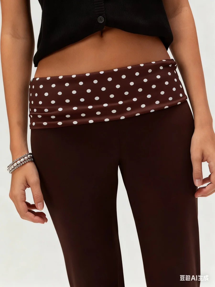 レディース水玉模様折り返しウエストバンドフレアパンツ伸縮性ローウエストワイドレッグレギンスベルボトムスウェットパンツ