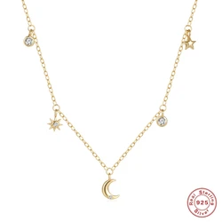 AIDE 925 Sterling Silver Delicate Star Moon Zircon Fine Aesthetic Temperament Pendant Chain Choker Necklace For Women Jewelry