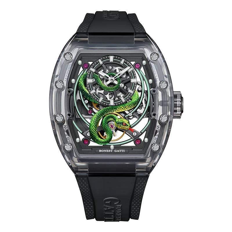 Reloj Automático BONEST GATTI para hombre, reloj de pulsera mecánico con carcasa acrílica Tonneau de 45mm, esfera de serpiente con esqueleto luminoso resistente al agua hasta 50M