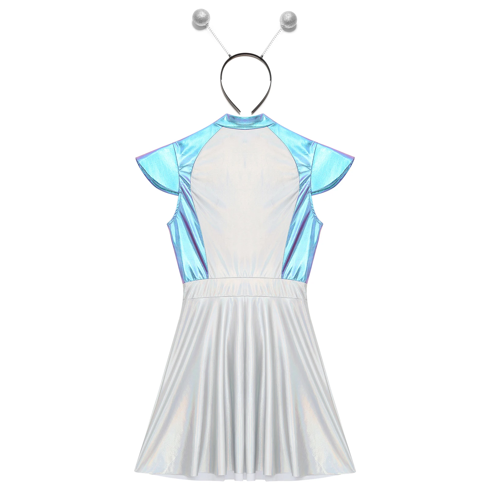 Disfraz de Robot Brillante para Mujer, Disfraz de Halloween, Galaxia, Espacio Exterior, Metálico, Extraterrestre, para Adultos, Cosplay Cósmico, con Diadema