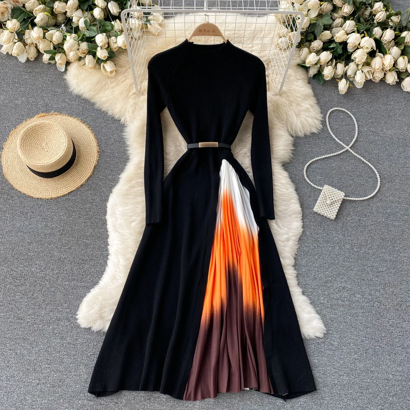 

French Hepburn Style Elegant Knitted Stitching Gradient Color Pleated Slim Fit Large Hem Dress Women's Autumn Clothing New