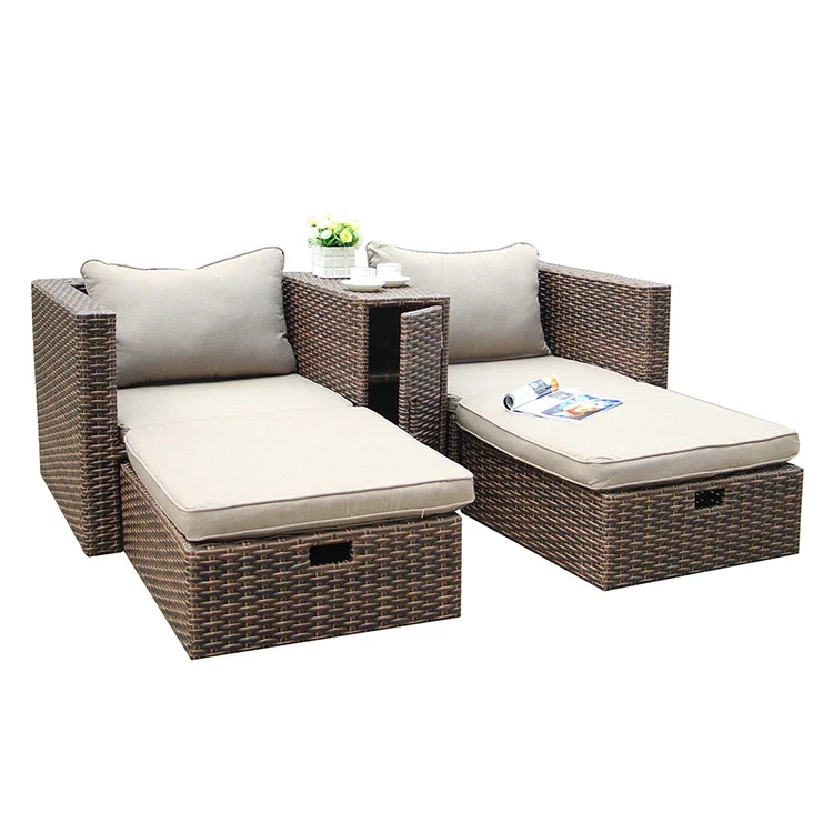Aluminium Frame Patio Lounger Chair Outdoor PE Rattan Lounger with Rattan Table Wicker Garden Sofa