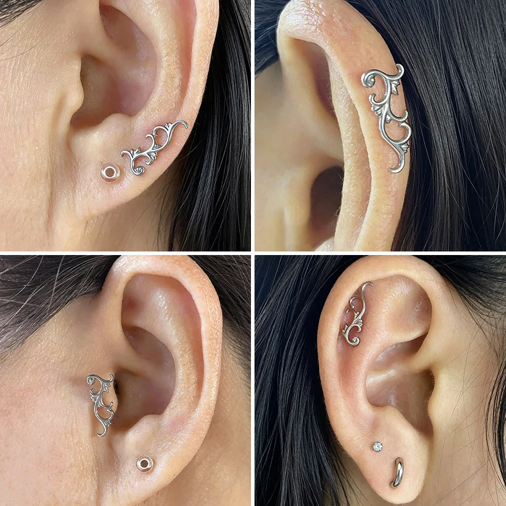 Giga 1 Stück ASTM F136 Titan Barock Rankenmuster Labret Stud Knorpelohrring Helix Flatback Piercing Schmuck Vintage – Detail 8