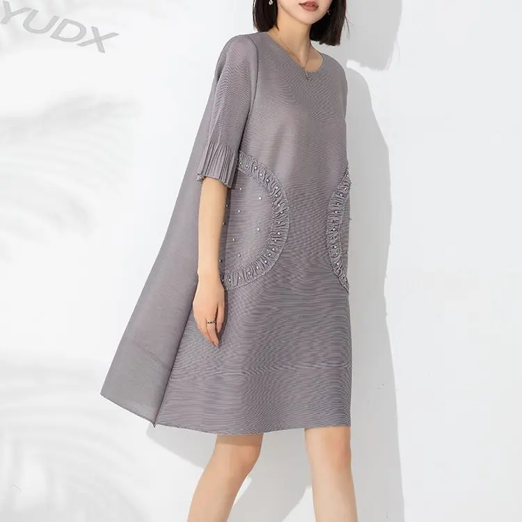 

YUDX Higher Quality Miyake Pleated Fashion Dress New 2023 Spring and Fall Loose Large Size Slim Beaded Round Neck Flared Sleeve