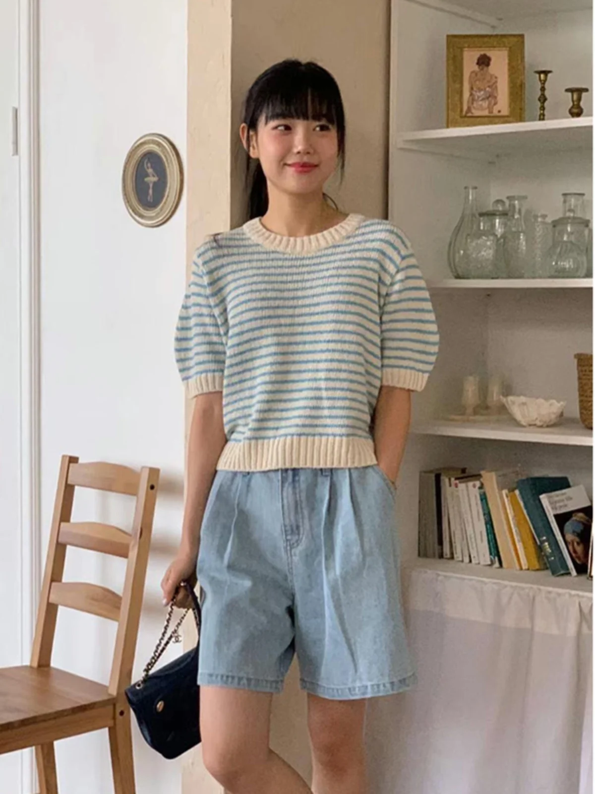 

Весенний цвет Blo round Ne Striped ort Sve Женский вязаный свитер Bubble Sve Верхняя одежда Sweet Sle Свободный крой