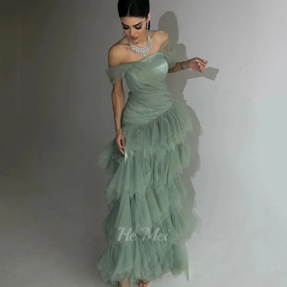 HM Strapless Prom Dresses Romantic Customized Tulle Tiered Evening Dress Off Shoulder Party Gowns Vestidos De Novia