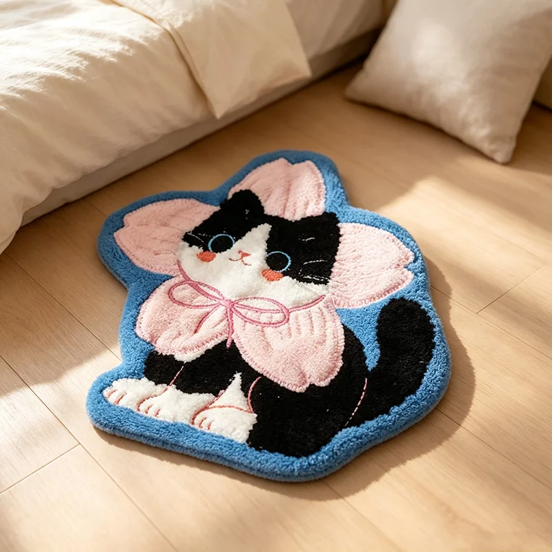 VIKAMA Flower Bow Tie Cat Shaped Plush Bath Mat Non Slip Absorbent Cartoon Animal Bedroom Bathroom Floor Rug