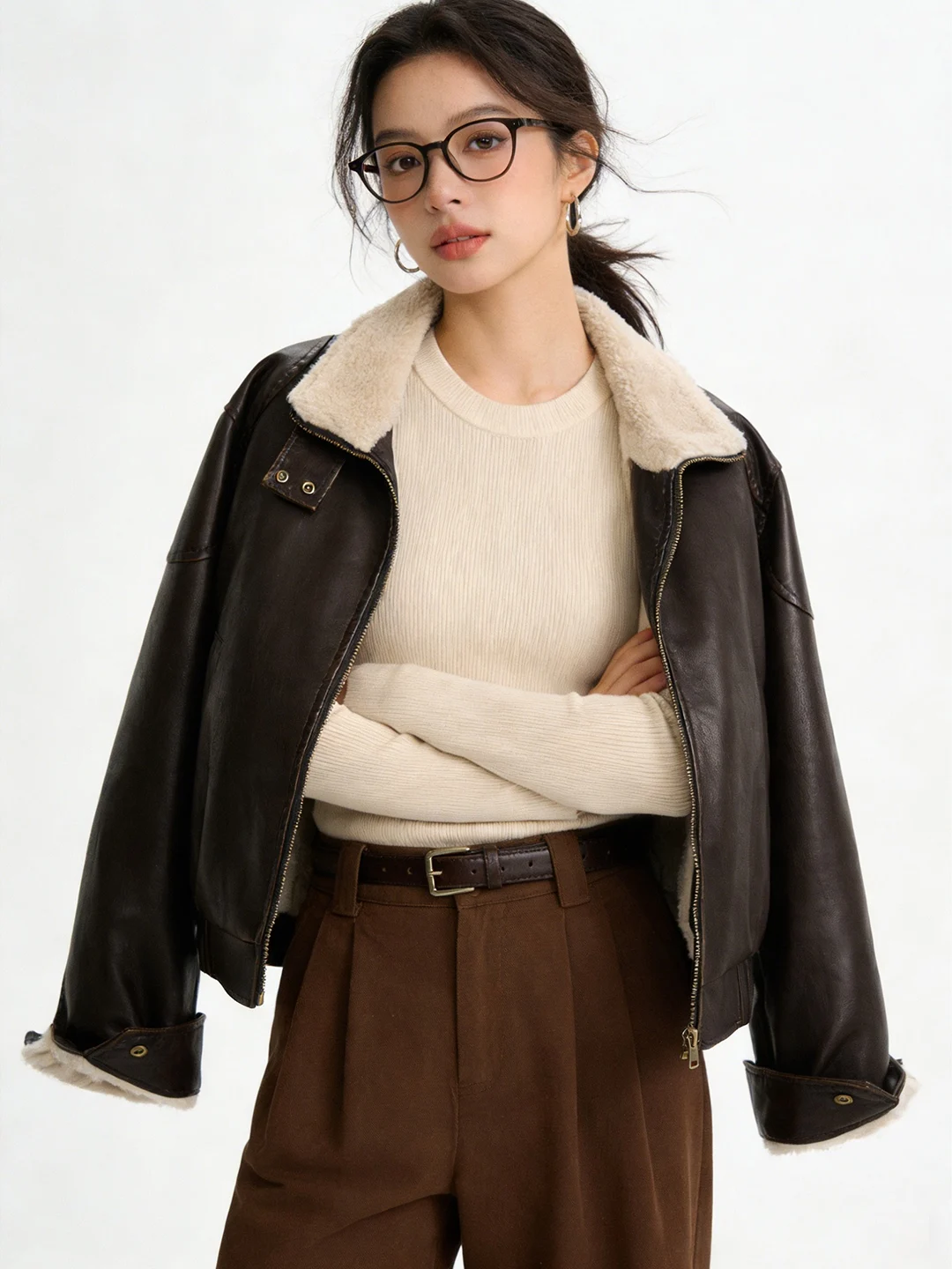 Ele PU-Lederjacke im Motorradstil für Damen, verdickt, warm, locker, kurzer Mantel aus Baumwollmischung mit Reißverschluss und Kragen