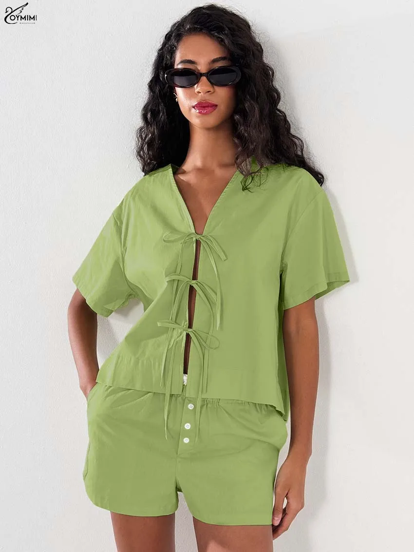 

Oymimi Elegant Green Cotton Two Piece Set Woman Fashion V-Neck Short Sleeve Lace-Up Shirts And Button Pockets Shorts Female Sets
