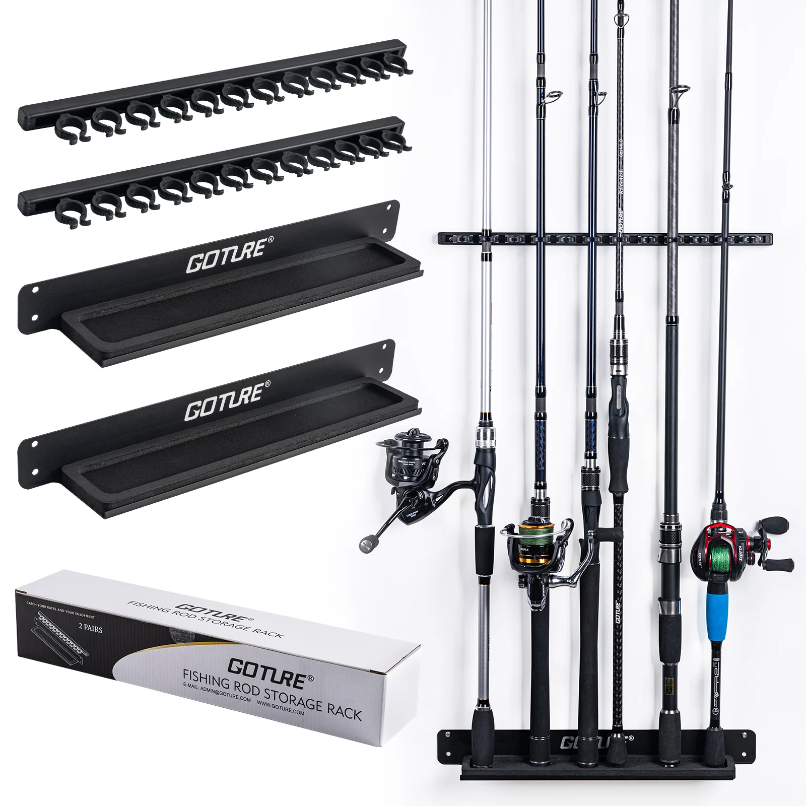 

Goture 2 Pcs Fishing Rod Holder Stand Kit 12 Holes Black Silver Vertical Wall Mount Rack fishing Rod Tackle Storage