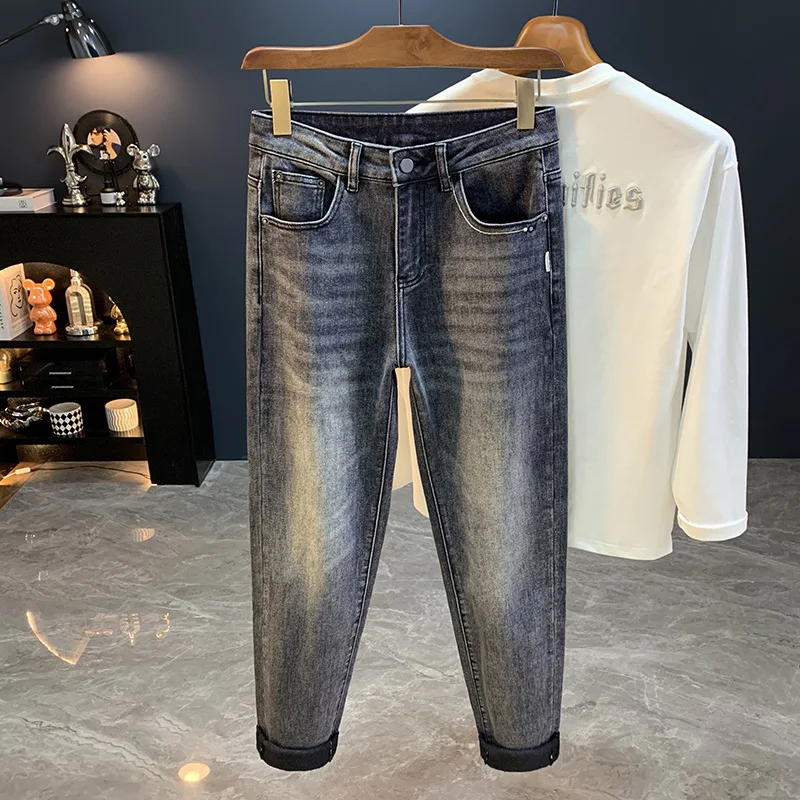 2025 خريف جديد الراقية الدخان الرمادي الجينز الرجال العلامة التجارية العصرية مرونة فضفاضة تظهر رقيقة مستقيم أنبوب السراويل الطويلة