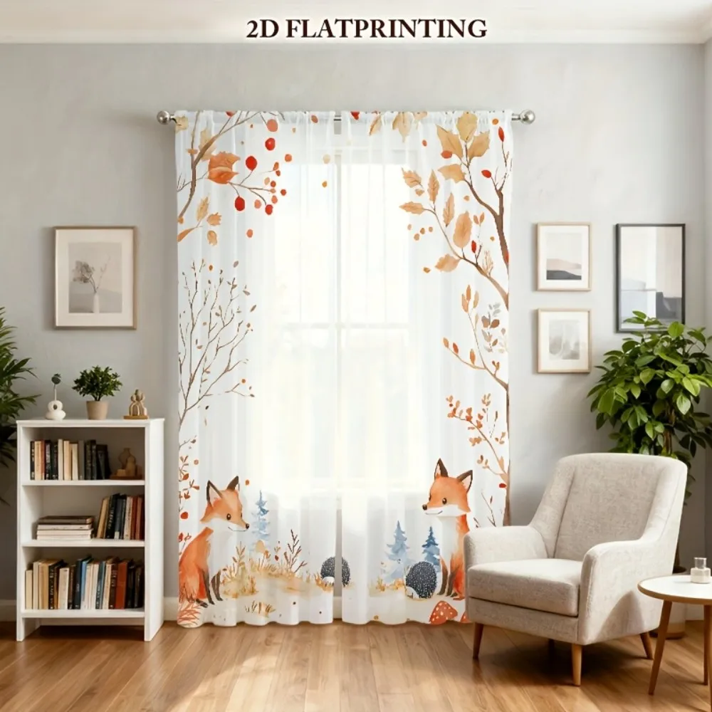 2PCS Thanksgiving Fall Sheer Curtains, Fox Hedgehog Forest, Digital Print, Bedroom Living Room, Rod Pocket Polyester, Home Decor