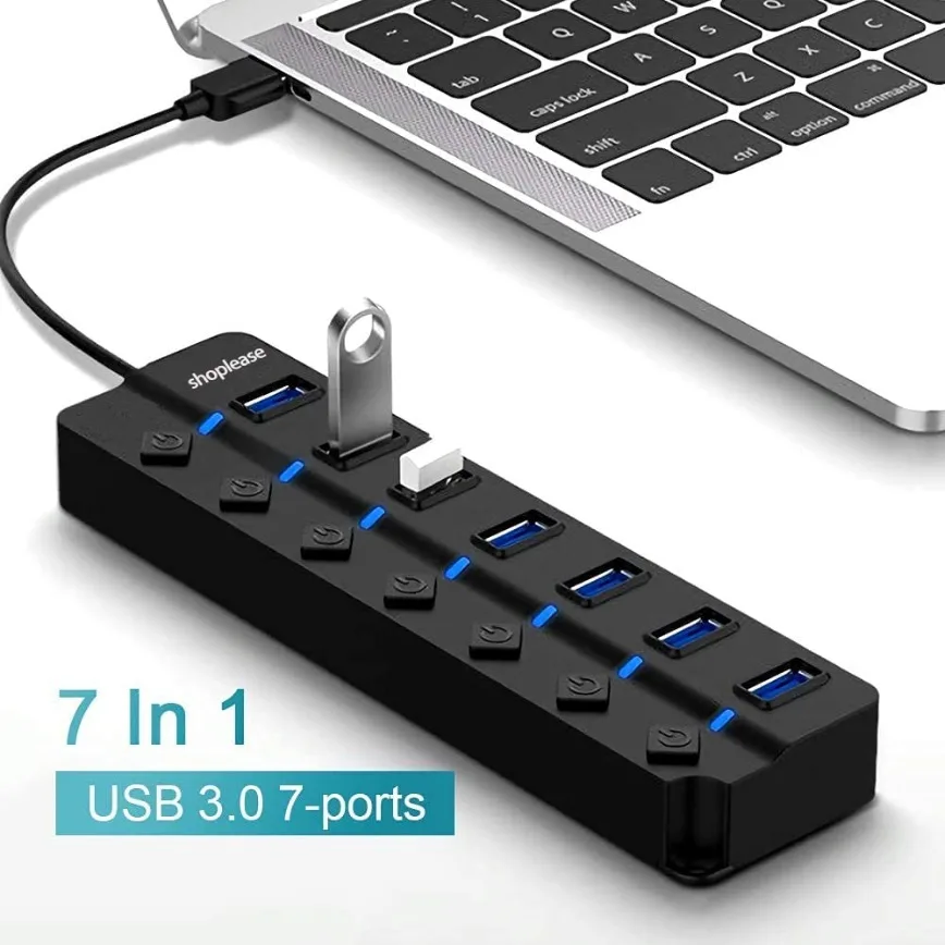 

7-Port USB Hub 3.0 USB Hub Expander Splitter With Individual On/Off Switches Lights For MacBook Laptop PC Flash Drive Mobile HDD