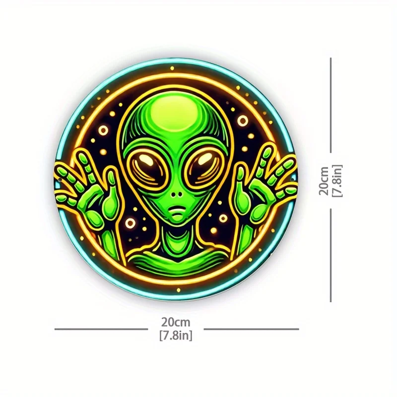 2D Vivid Alien Arrival Neon Sign - Non-Luminous Round Wall Art, Bright Green and Yellow Design, Perfect for Home, Bar, Cafe, Gar