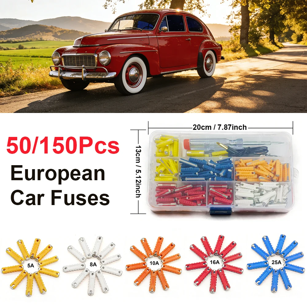 50/150 Pcs Continental Car Fuses Set European Bar Torpedo Fuse 5/8/10/16/25 AMP Automotive Circuits Insurance For Classic Cars