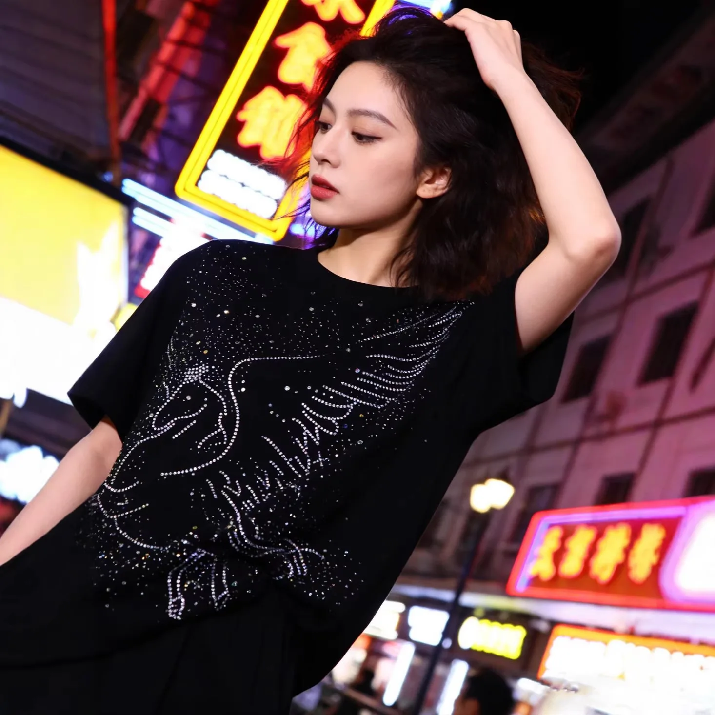 Trendy Hot Diamonds Loose Short Sleeve T-shirt Large Size Round Neck Pullover Top All-match Mid-long Unisex Casual Cotton Tees