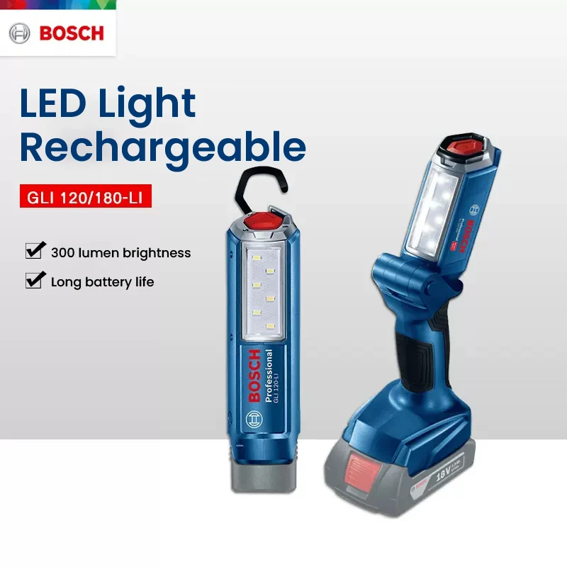 Bosch GLI180 Led Battery Lamp 18V 330 Lumens Cordless Work Light Outdoor Camping Working Flexible Flashlight Bosch Lighting Tool