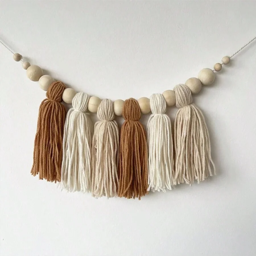 Boho Cotton Tassel Garland Wall Decoration with Wooden Beads Nursery Decor for Baby Room Tent Hanging Pendant Photo Props