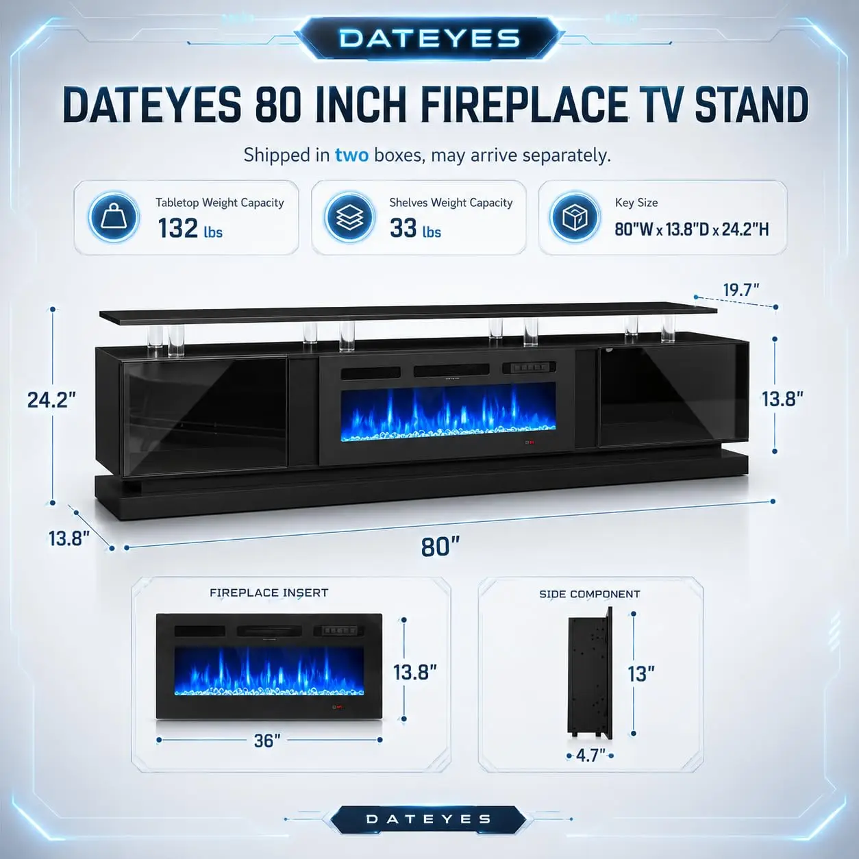 80 Inch TV Stand With Electric Fireplace Storage Cabinets Adjustable LED Light Media Console For Living Room, Customized