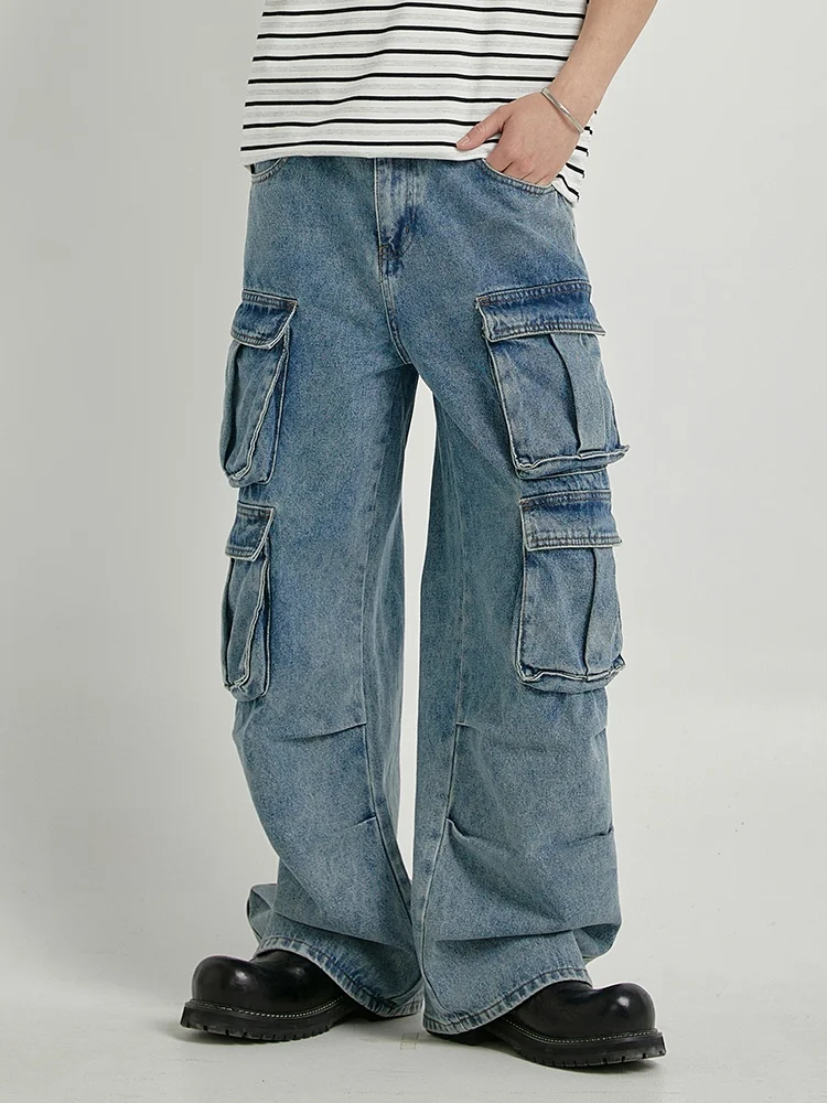 

Ретро-джинсы американского стиля с эффектом потертости, прямые, рабочие, мужские, весенние, новые, уличные, широкие, повседневные брюки, модные, брендовые, с множеством карманов