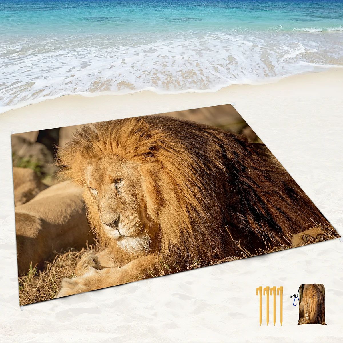 Beach Blankets Sand Proof Ferocious Lion Print Lightweight Rugs with Corner Pockets and Mesh Bag for Beach Party,Travel,Camping