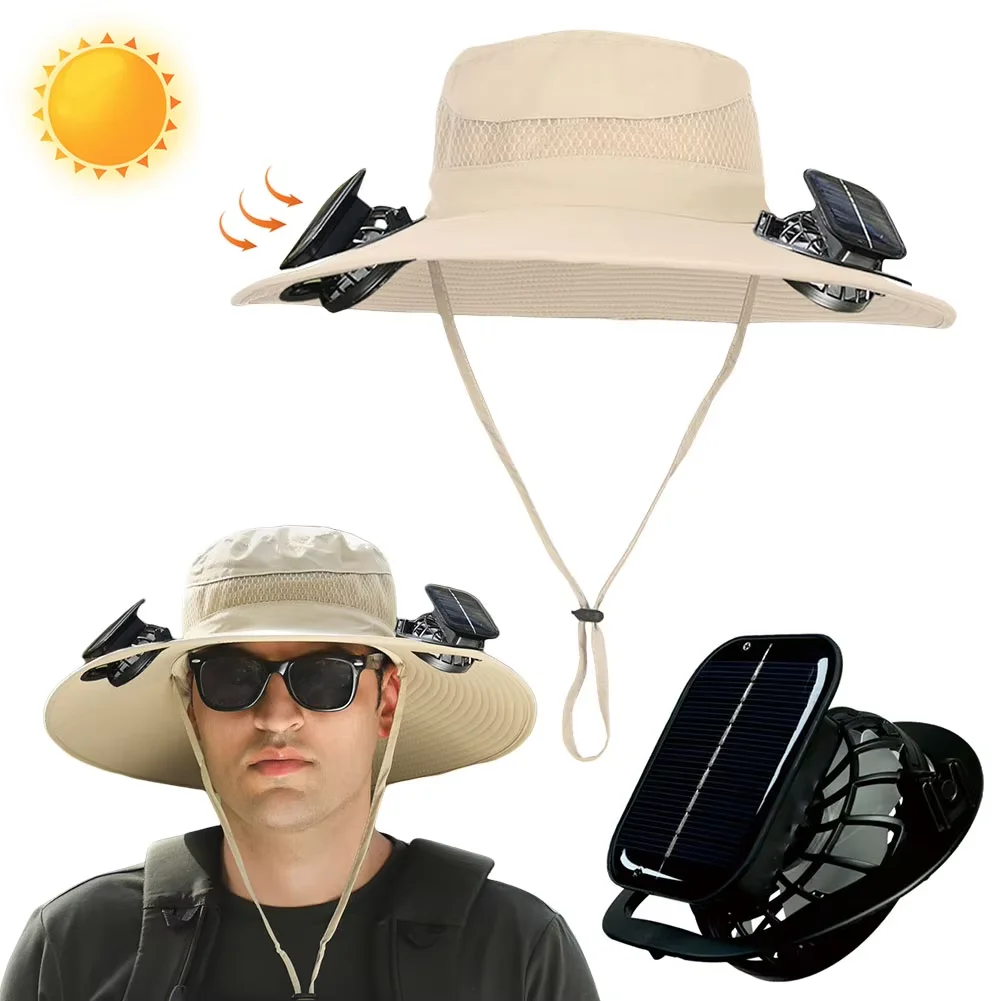 

Solar Fan Hat Anti-UV Outdoor Wide Brim Sun Hat with 2 Fans Rechargeable Men Fisherman Cap for Camping Fishing Hiking