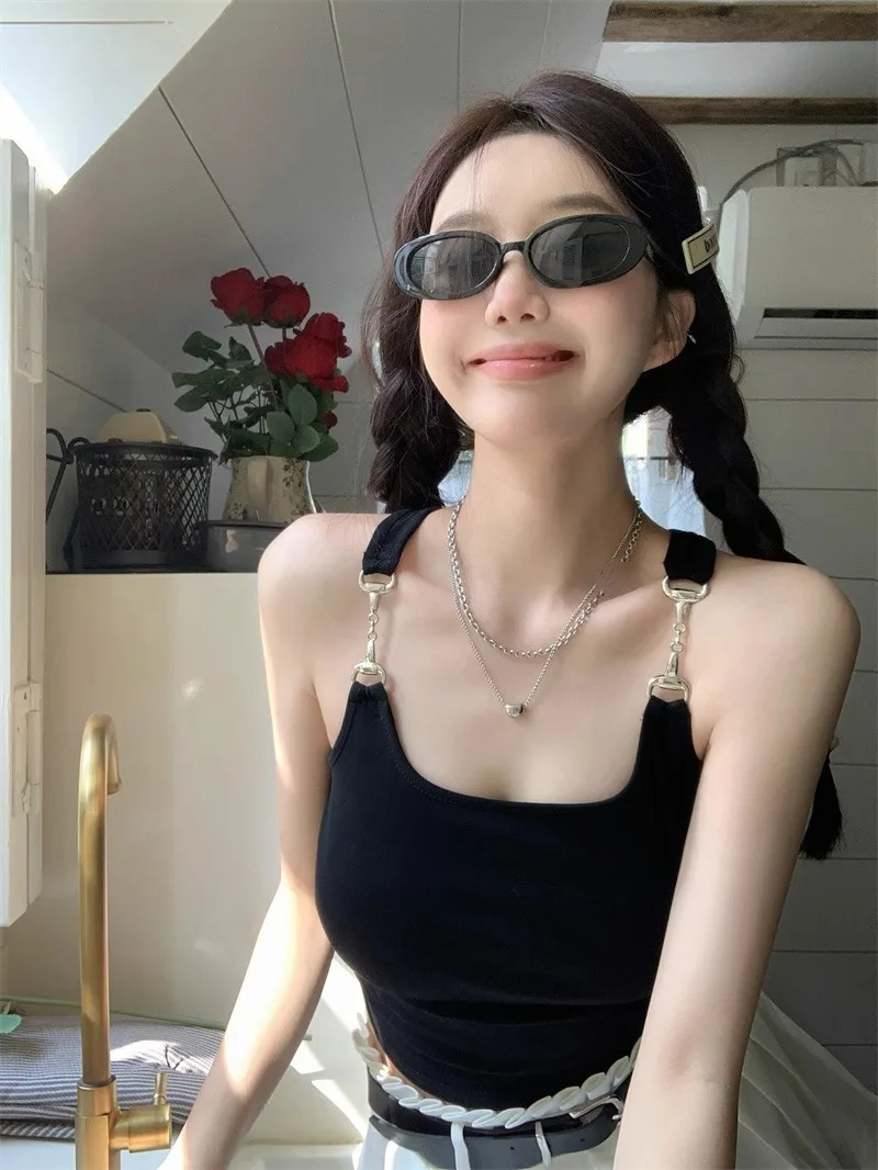 Solid Color Backless Sports Strap Vest Women Summer Innerwear Outerwear Short Style Beautiful Backless Sleeveless Top